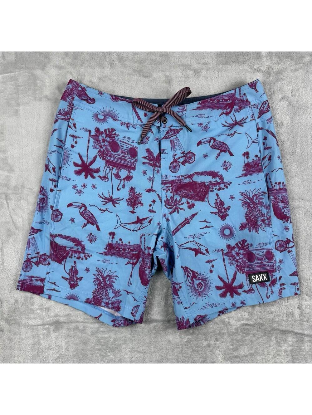 SAXX Betawave 2N1 Boardie 17 Swim Shorts Tropical Print Size30 Lined Comfy Beach